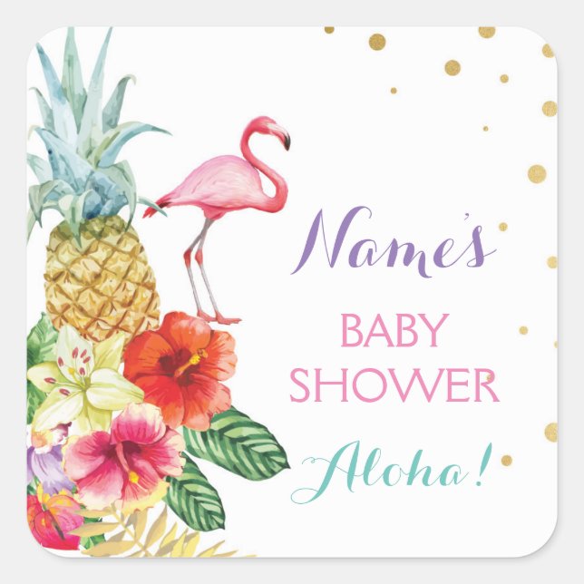 Baby Mom Shower Aloha Flamingo Etiqueta de Pegatin (Anverso)