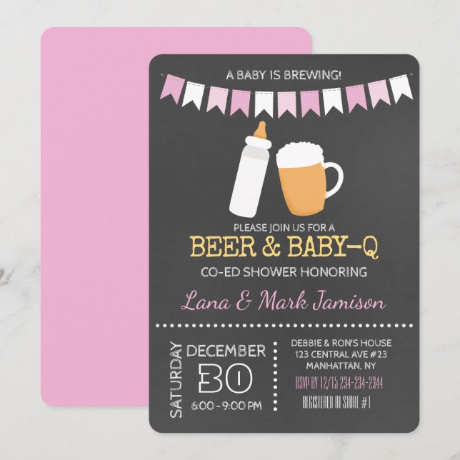 Baby-Q BBQ Beer Shower Co-Ed Chica Invitación Rosa (Anverso / Reverso)