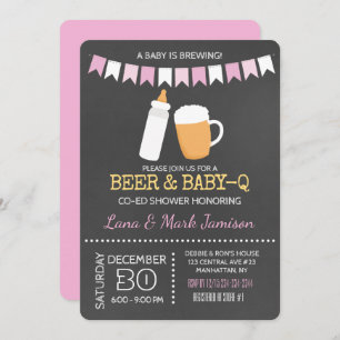Baby-Q BBQ Beer Shower Co-Ed Chica Invitación Rosa