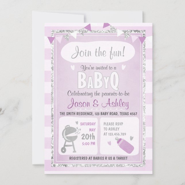 Baby Q invitación Coed BBQ Baby Shower Purple (Anverso)