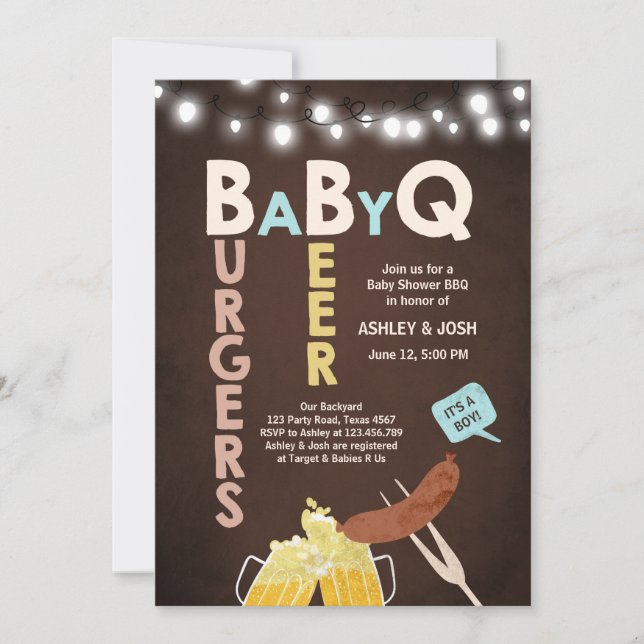 Baby Q Invitación Coed BBQ Baby Shower Rustic Boy (Anverso)