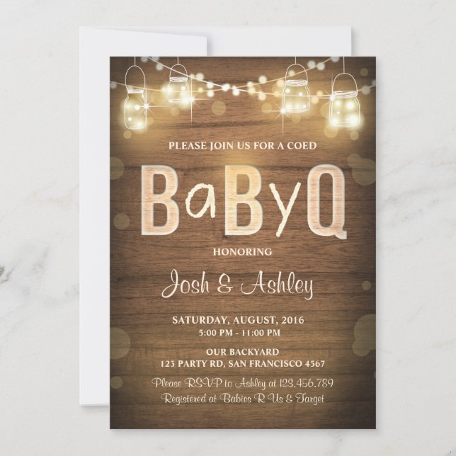 Baby Q invitación Coed BBQ Baby Shower Rustic Wood (Anverso)