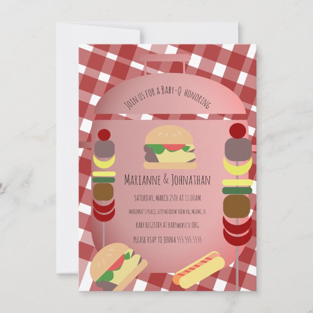 Baby Shower BBQ Backyard Food Plaid Red Invitación (Anverso)