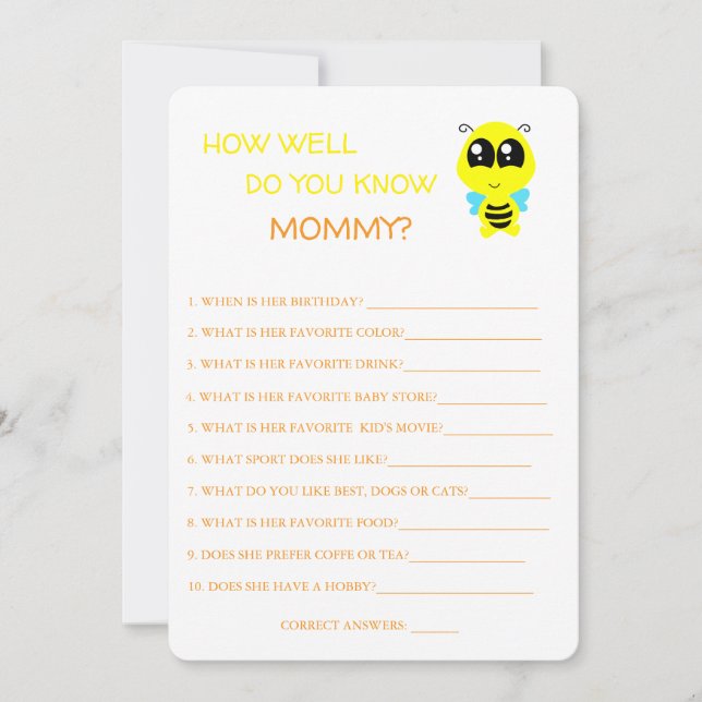 Baby Shower, Bee, ¿Qué Tan Bien Conoce La Tarjeta  (Anverso)