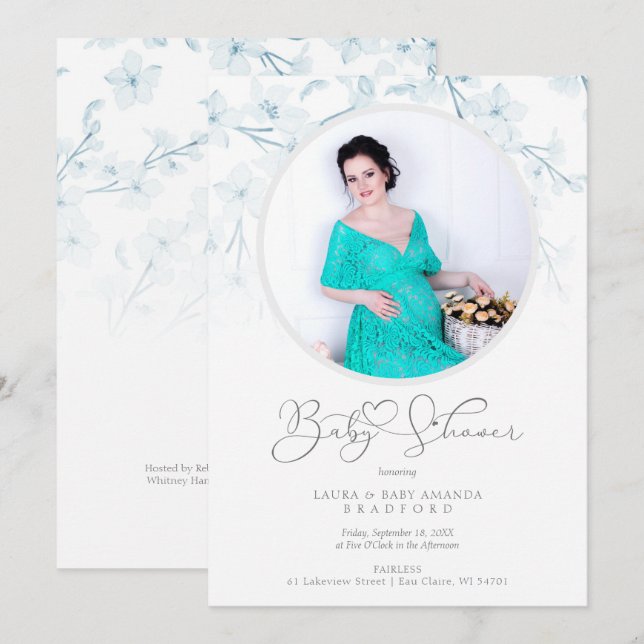 Baby Shower Blue Floral Botanical Photo Invitation (Anverso / Reverso)
