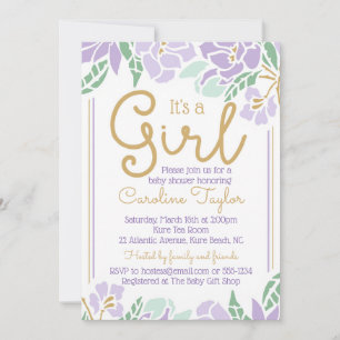 Baby Shower con flores Invitación morado y dorado