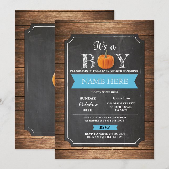 Baby Shower de calabaza es una invitación azul de  (Anverso / Reverso)