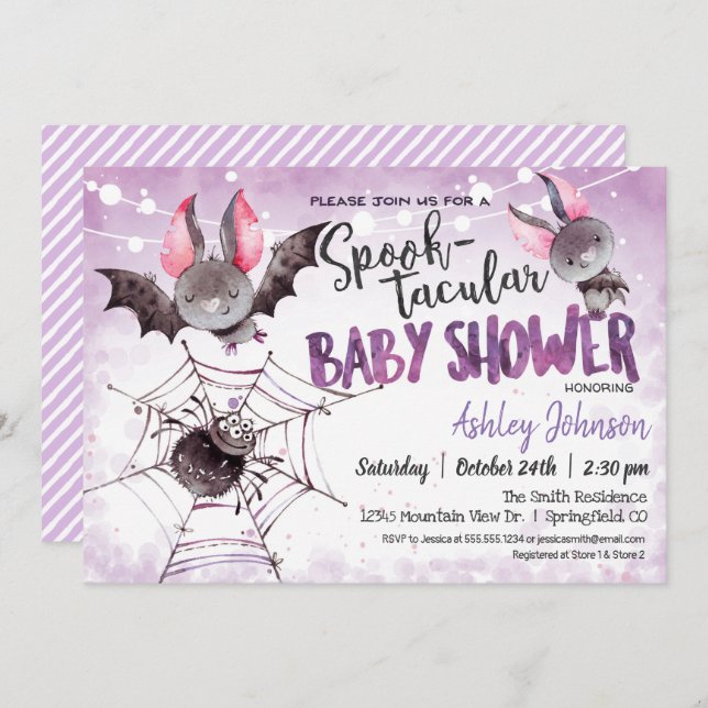 Baby Shower de Halloween, invitación a los murciél (Anverso / Reverso)