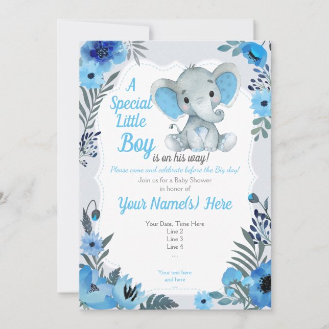 Baby Shower de invitación a elefante gris azul lin (Anverso)
