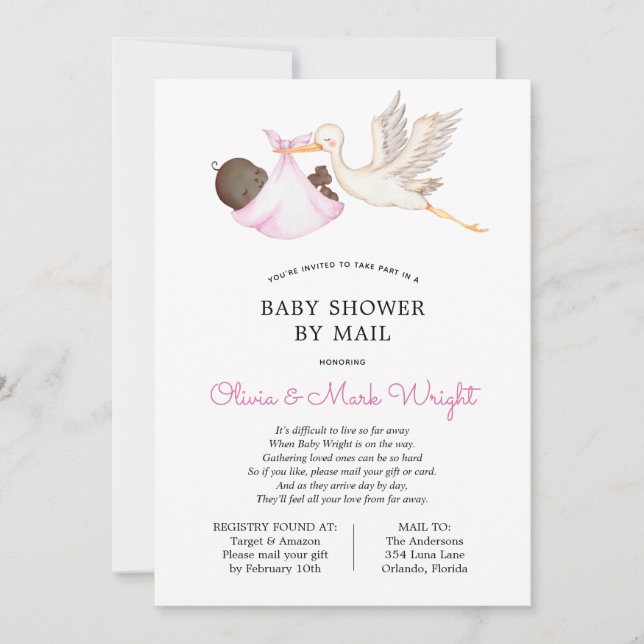 Baby Shower de la cigüeña rosa por invitación por  (Anverso)