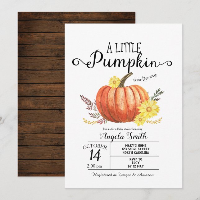 Baby Shower de madera Pequeña Invitación a calabaz (Anverso / Reverso)