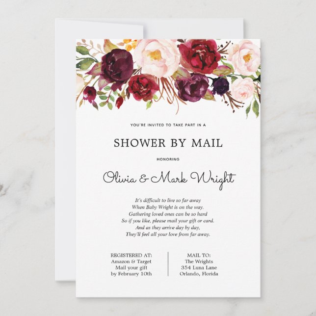 Baby Shower de Mail Burgundy Floral Invitación (Anverso)