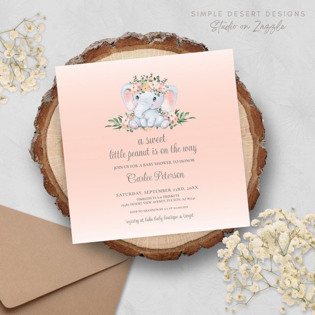 Baby Shower de Niña Elefante Floral Moderno (Cute Modern Blush Pink Baby Shower Invitation with Elephant and Floral Greenery)