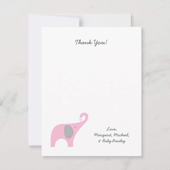 Baby Shower Elephant Rosa Notas de agradecimiento  (Anverso)