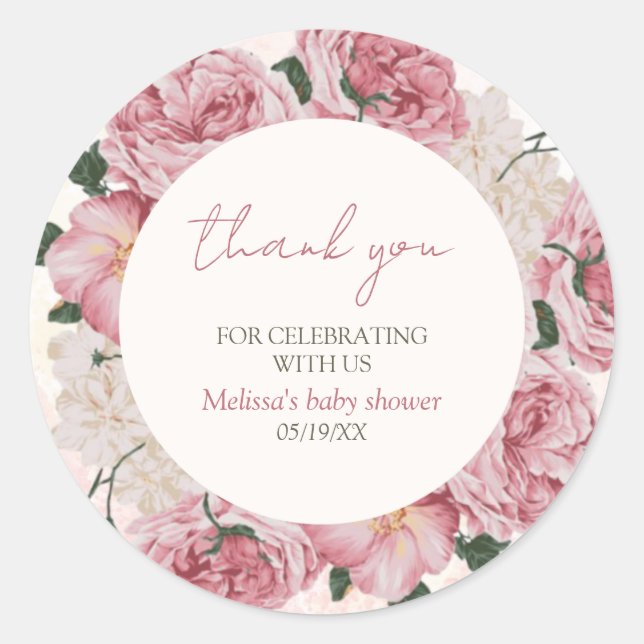 Baby Shower Floral rosa Gracias Pegatina (Anverso)