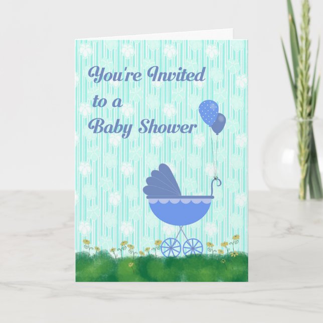 Baby Shower Invitación azul y verde con carro (Anverso)
