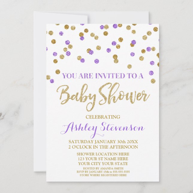 Baby Shower Invitación Confetti de oro púrpura (Reverso)