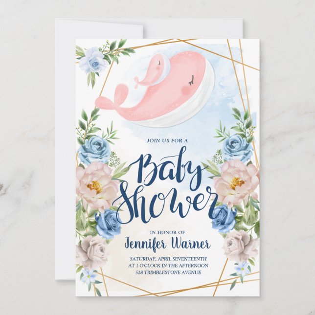 Baby Shower | Invitación de ballena rosa acuarela (Anverso)