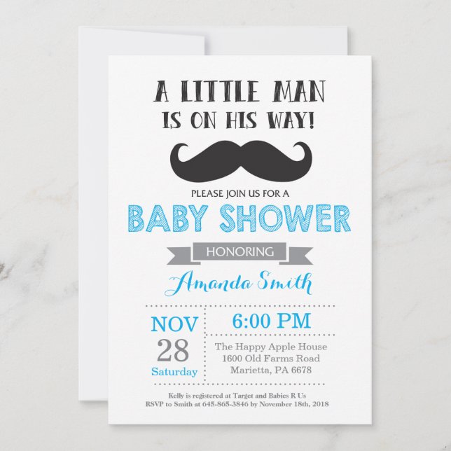Baby Shower Invitación de bigote azul y gris (Anverso)