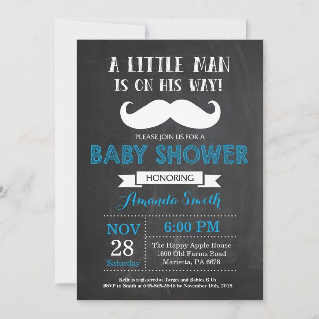 Baby Shower Invitación de bigote azul y gris (Anverso)