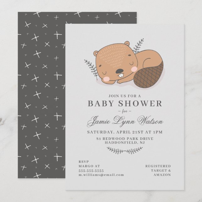 Baby Shower | Invitación del castor somnoliento (Anverso / Reverso)