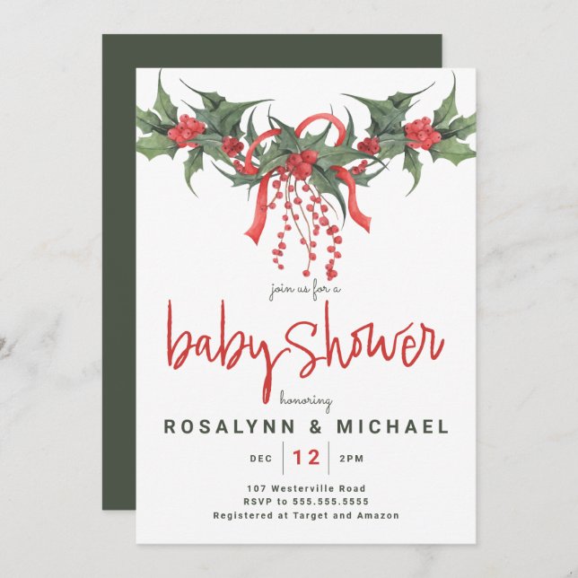 BABY SHOWER | Invitación floral de Holiday Holly N (Anverso / Reverso)