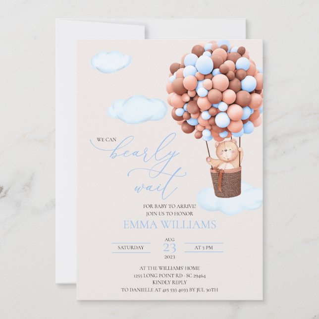 Baby Shower Invitación Oso azul Bearly Wait!  (Anverso)