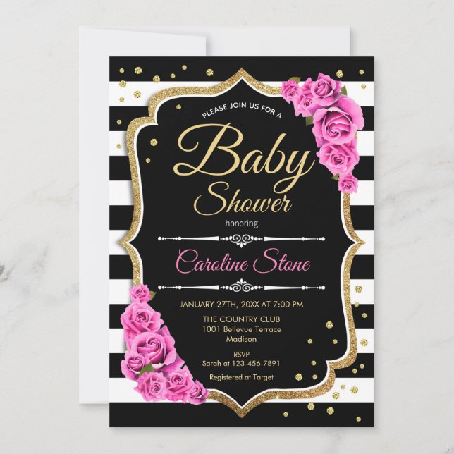 Baby Shower Invitación Rayas blancas rosadas (Anverso)