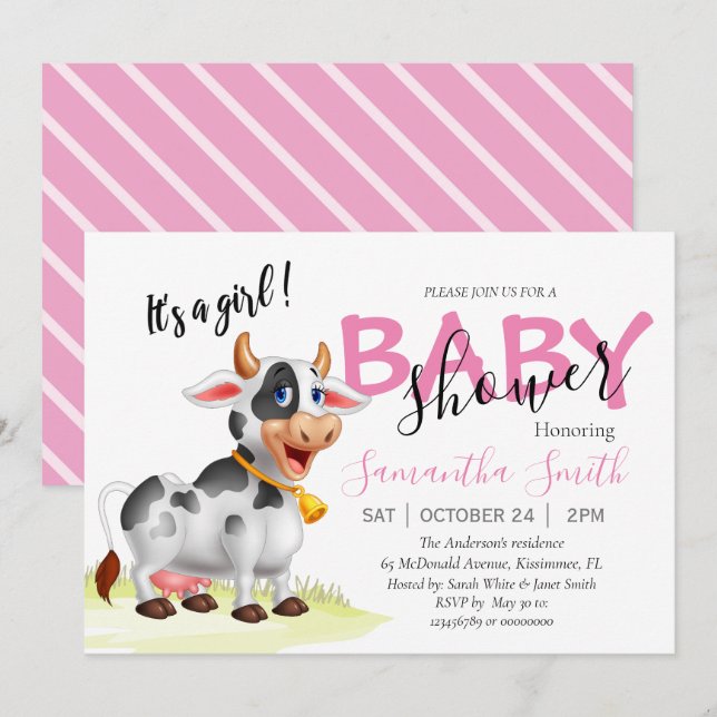 Baby Shower, invitación rosa de vaca Chica (Anverso / Reverso)
