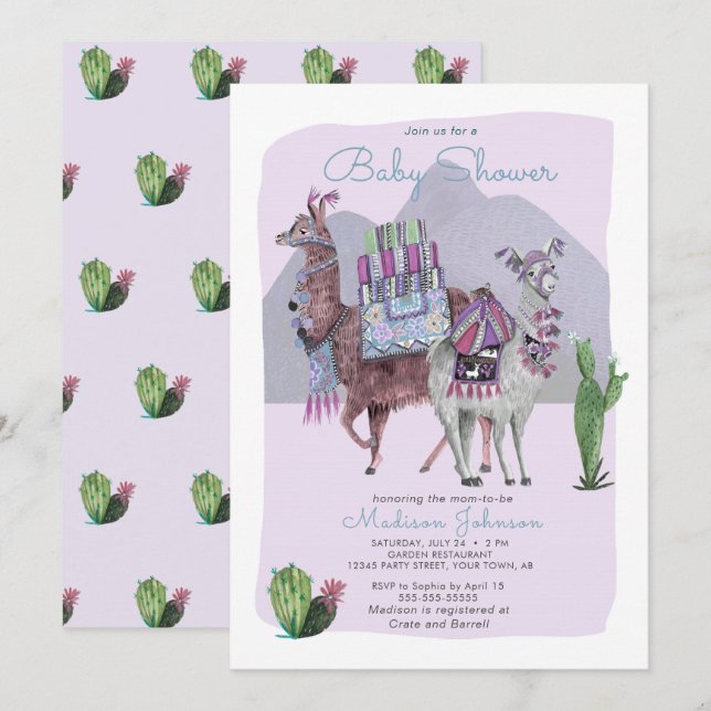 Baby Shower | Llamas y cactus | Invitaciones Lilac (Anverso / Reverso)