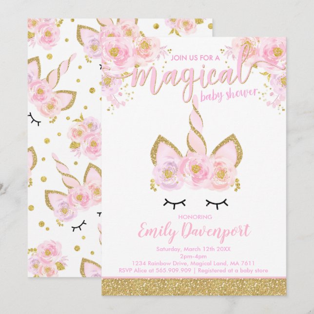 Baby Shower mágico de la invitación de unicornio a (Anverso / Reverso)
