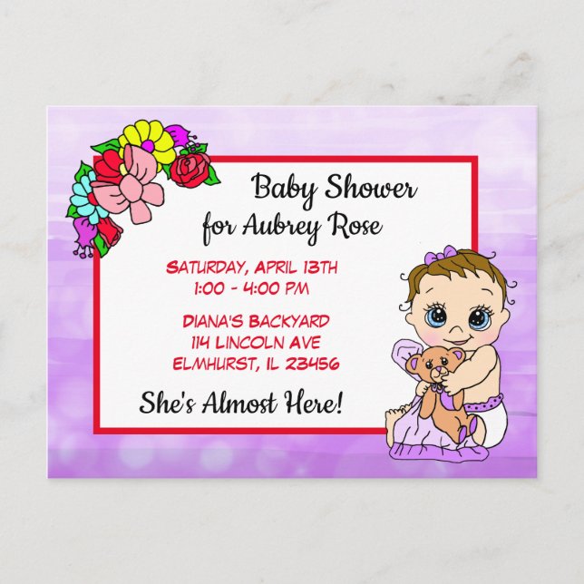 Baby Shower para Chica, tarjeta postal Purple Flor (Anverso)