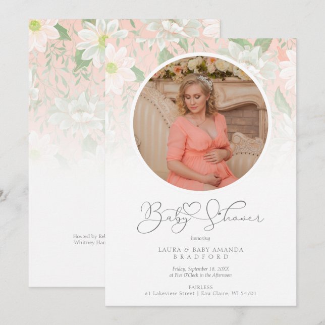 Baby Shower Peach Floral Botanical Photo (Anverso / Reverso)