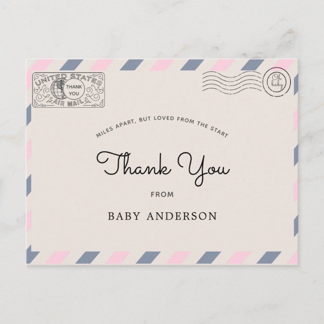 Baby Shower por correo gracias postal azul rosa (Anverso)
