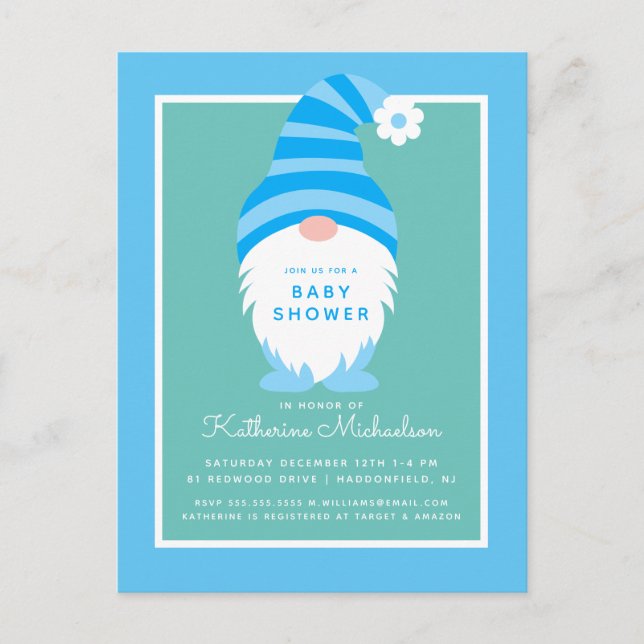 BABY SHOWER | Postal Gnome de banda azul (Anverso)