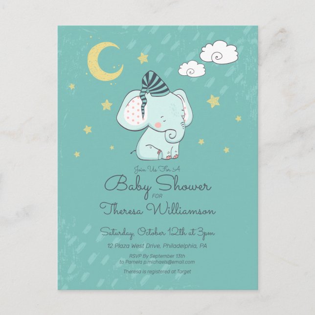 BABY SHOWER | Postal para elefante pequeño y somno (Anverso)