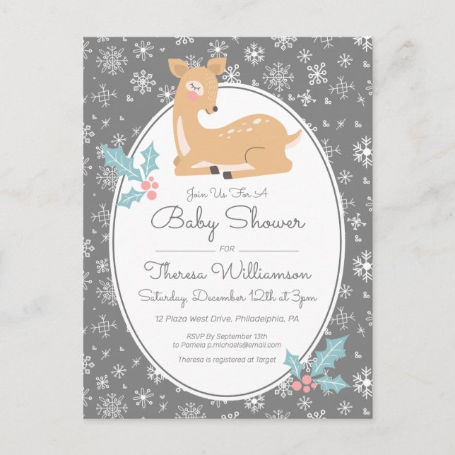 BABY SHOWER | Postales madre venado y copos de nie (Anverso)