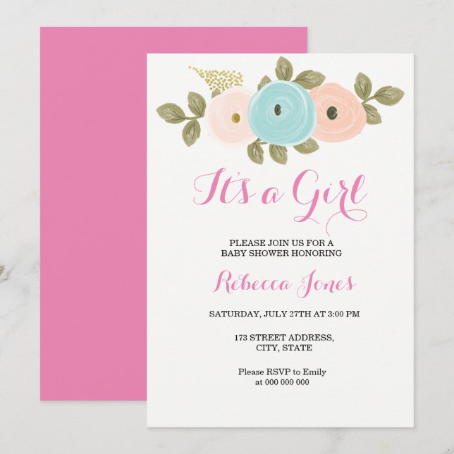 Baby Shower Rosa Floral Su Invitación chica (Anverso / Reverso)