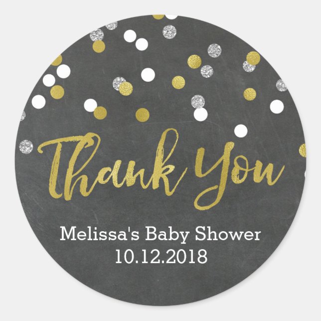 Baby Shower Silver Confetti Gold Gracias Pegatina (Anverso)