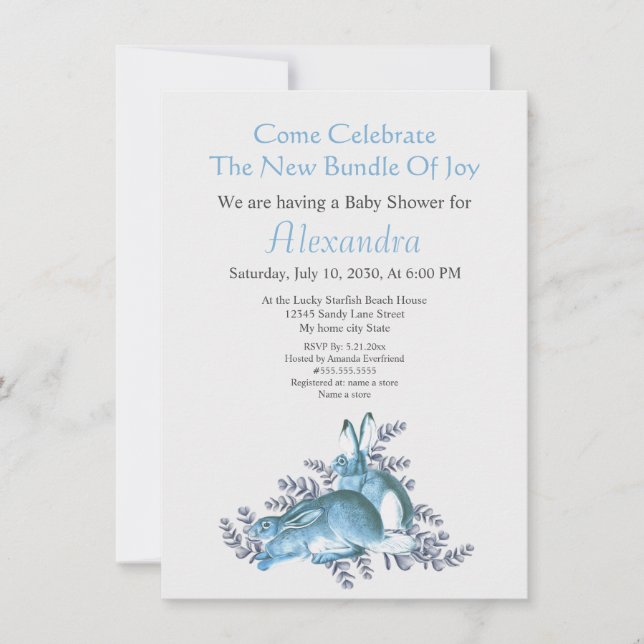 Baby Shower Stylish Blue Bunny Rabbit Watercolor (Anverso)