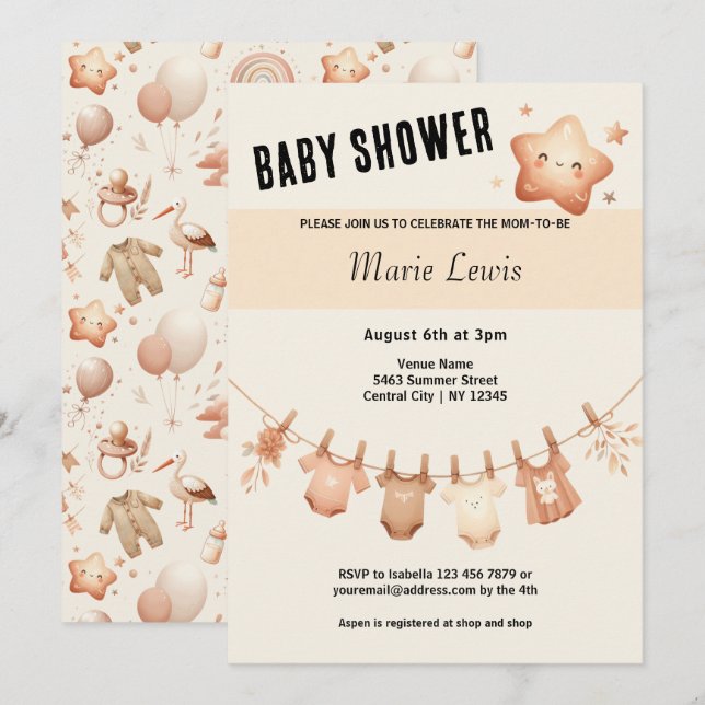 Baby Shower suave y suave - Invitación a la línea  (Anverso / Reverso)
