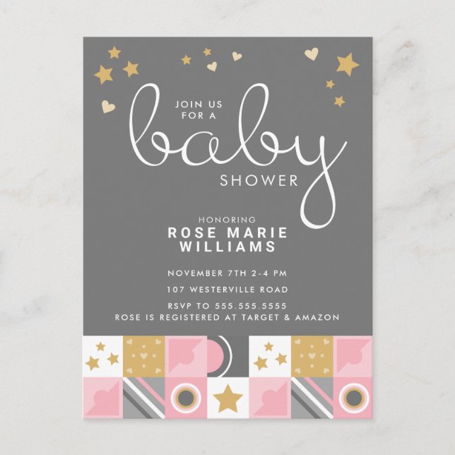 Baby Shower | Tarjeta postal Baby Pink Moon & Star (Anverso)