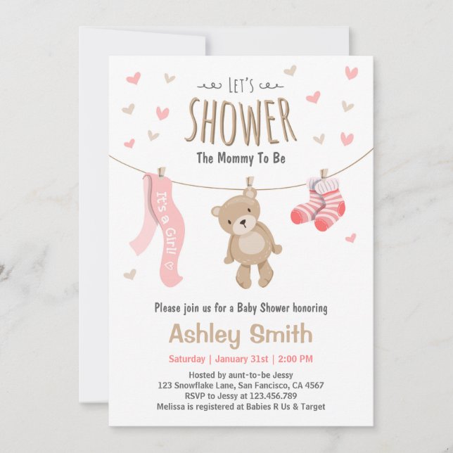 Baby Shower Teddy Bear Invitación a la bebé Niña r (Anverso)