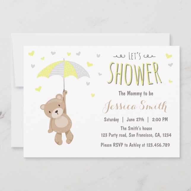 Baby Shower Teddy Bear Invitación Amarillo Neutral (Anverso)