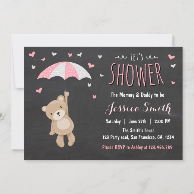 Baby Shower Teddy Bear Invitación Bebé Chica Rosa (Anverso)