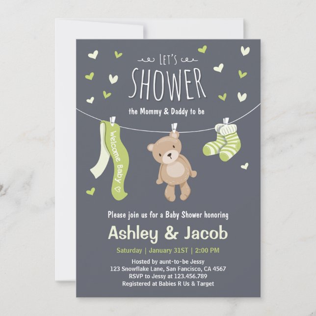 Baby Shower Teddy Bear Invitación Lime Green (Anverso)