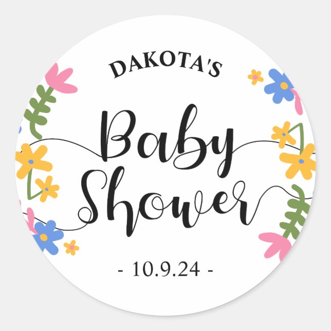 Baby Shower - Tema floral naíve | Pegatina de redo (Anverso)