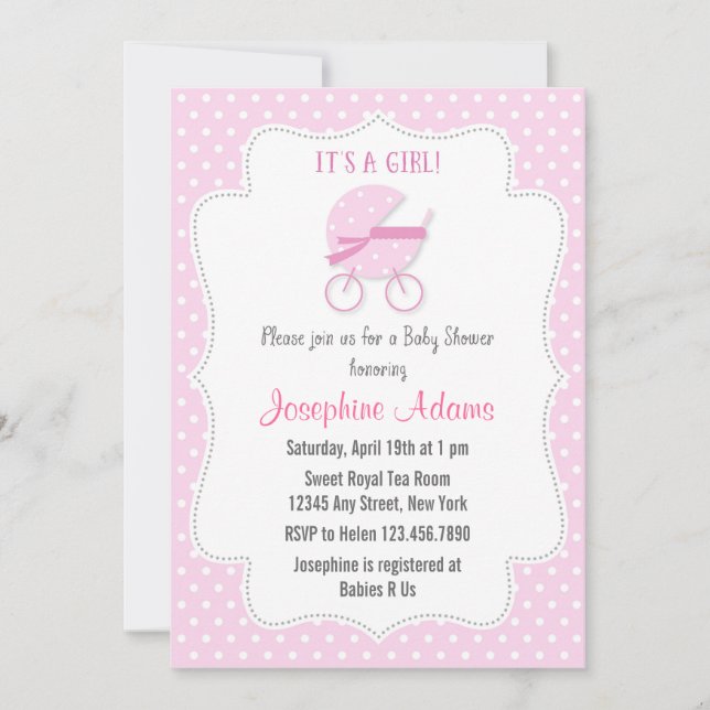 Baby Stroller Baby Shower Invitación Rosa (Anverso)