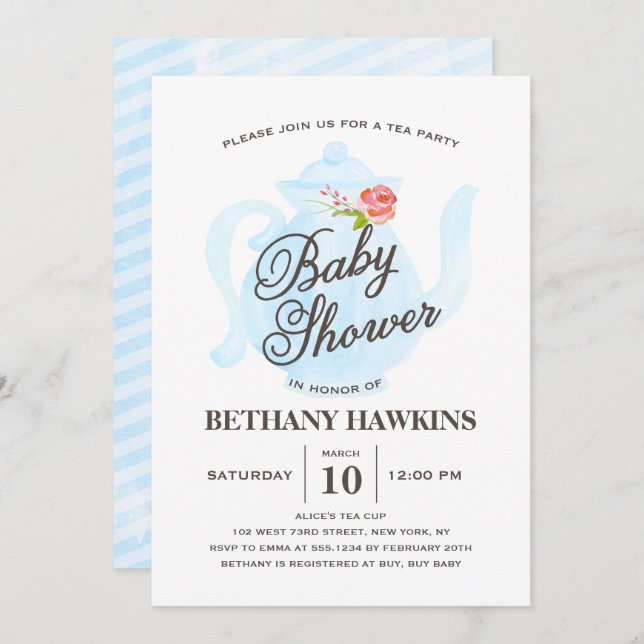 Baby Tea Fiesta | Invitación de Baby Shower | azul (Anverso / Reverso)