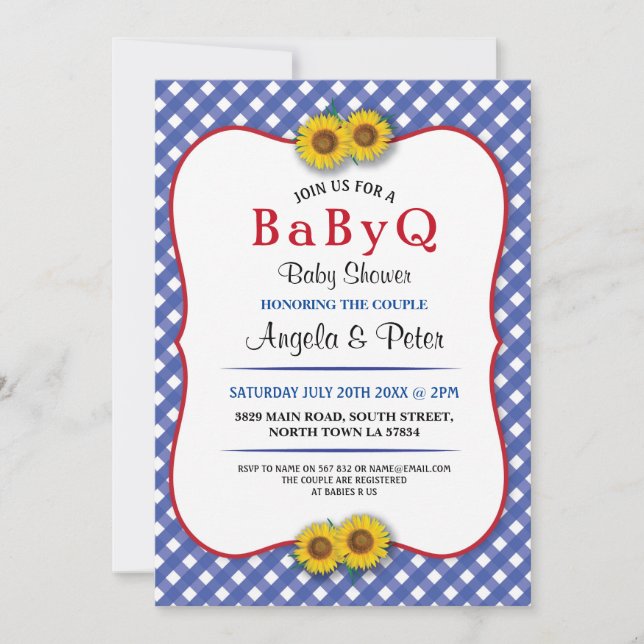 BABYQ Baby Shower BBQ Fiesta Invitación azul giras (Anverso)